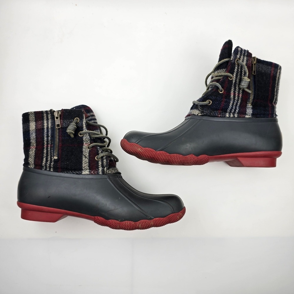Sperry Saltwater Duck‎ Boots Womens 10 M Blue Red Wool Plaid Waterproof Rubber - Picture 9 of 12